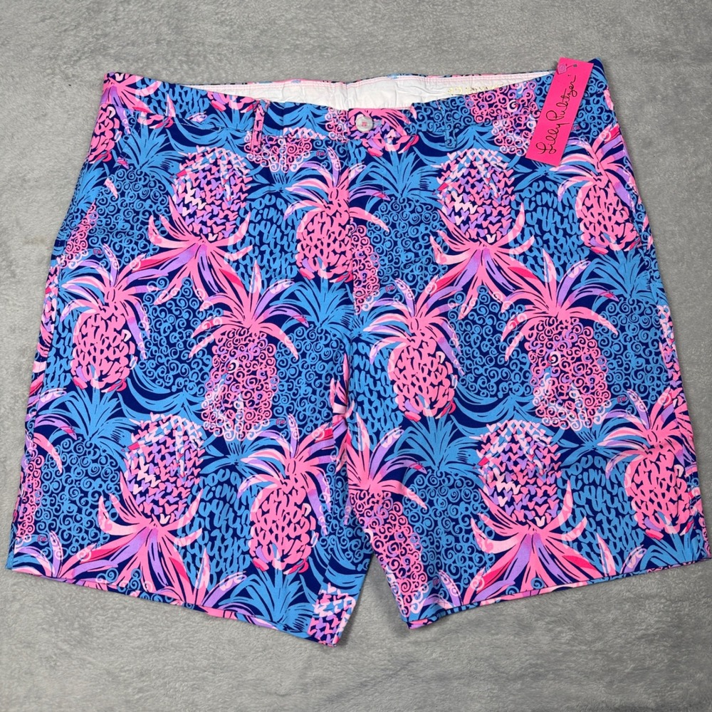 Lilly Pulitzer Beaumont Shorts Mens 42 Blue Pink Pineapple Tropic Down Low NEW